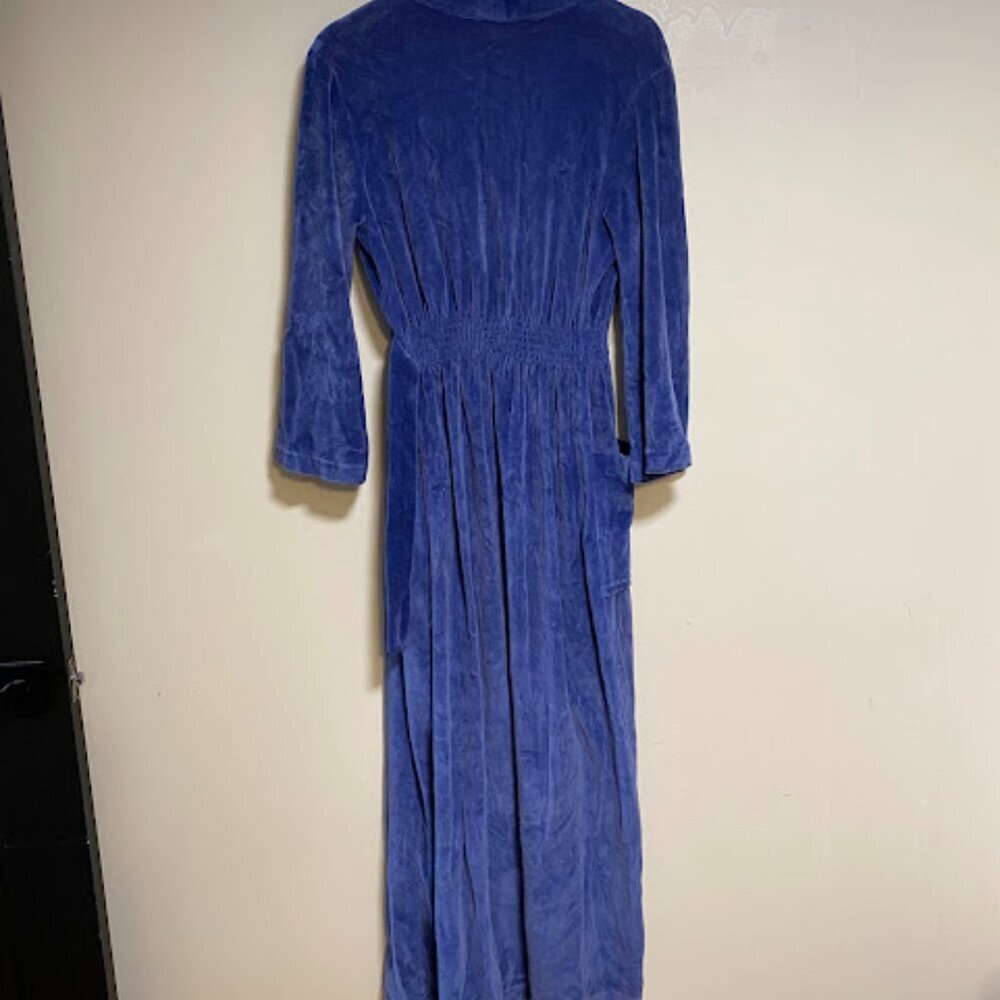Vintage Velour Smocked Waist Royal Blue Maxi Robe - Size M - Picture 11 of 12